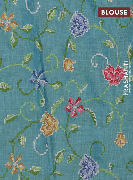 Art linen saree teal blue with embroidery mirror work buttas and convent embroidery pallu