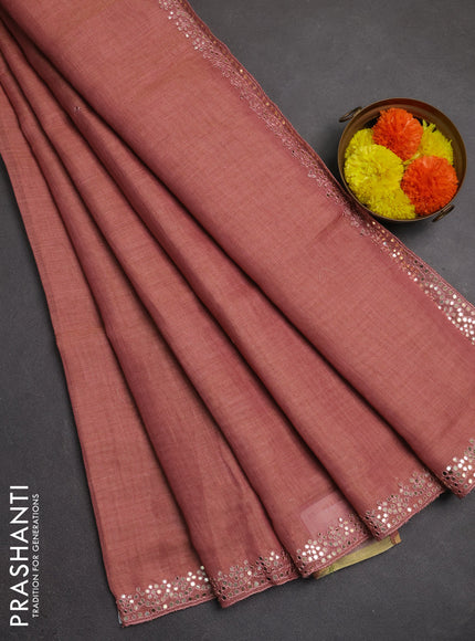 Art linen saree peach pink with embroidery mirror work buttas and convent embroidery pallu