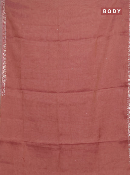 Art linen saree peach pink with embroidery mirror work buttas and convent embroidery pallu
