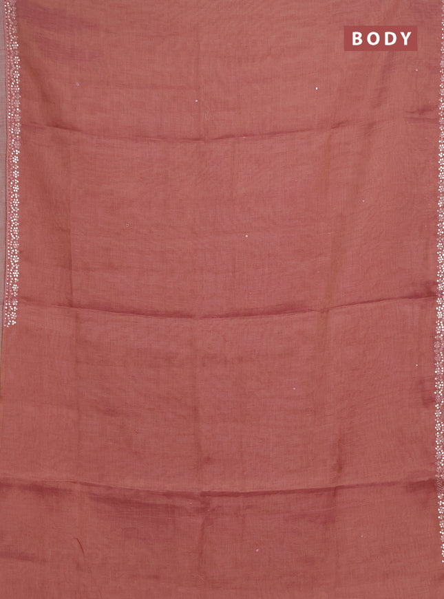 Art linen saree peach pink with embroidery mirror work buttas and convent embroidery pallu