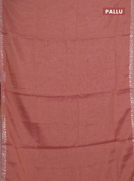 Art linen saree peach pink with embroidery mirror work buttas and convent embroidery pallu