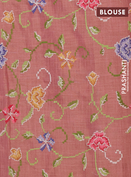 Art linen saree peach pink with embroidery mirror work buttas and convent embroidery pallu
