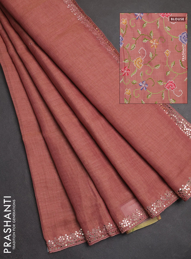 Art linen saree peach pink with embroidery mirror work buttas and convent embroidery pallu