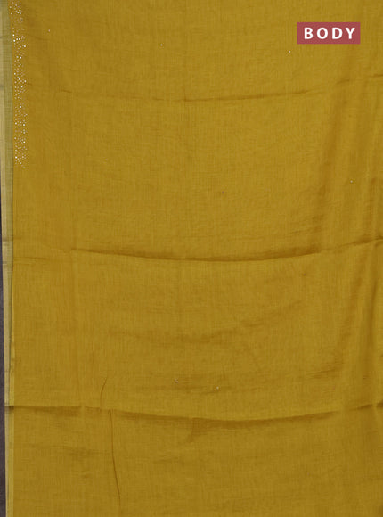 Art linen saree mustard yellow with embroidery mirror work buttas and convent embroidery pallu