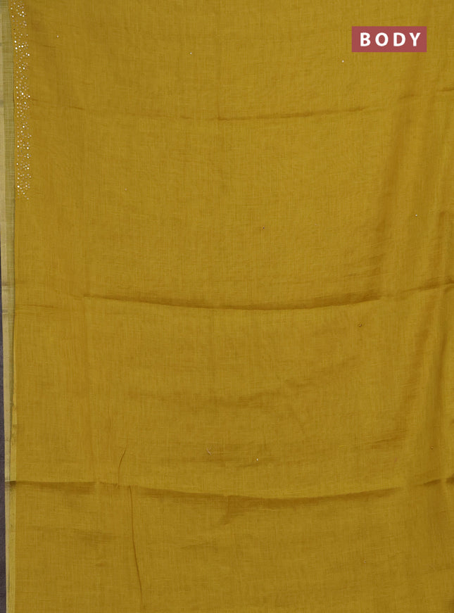 Art linen saree mustard yellow with embroidery mirror work buttas and convent embroidery pallu