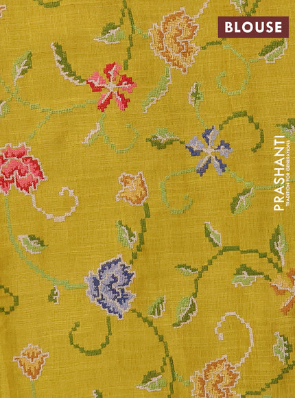 Art linen saree mustard yellow with embroidery mirror work buttas and convent embroidery pallu