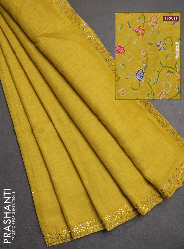 Art linen saree mustard yellow with embroidery mirror work buttas and convent embroidery pallu