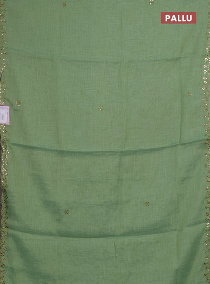 Art linen saree light green with embroidery mirror work buttas and convent embroidery pallu