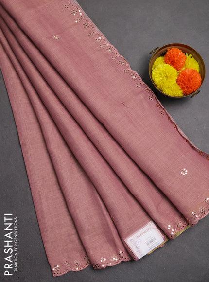 Art linen saree mauve pink with embroidery mirror work buttas and convent embroidery pallu