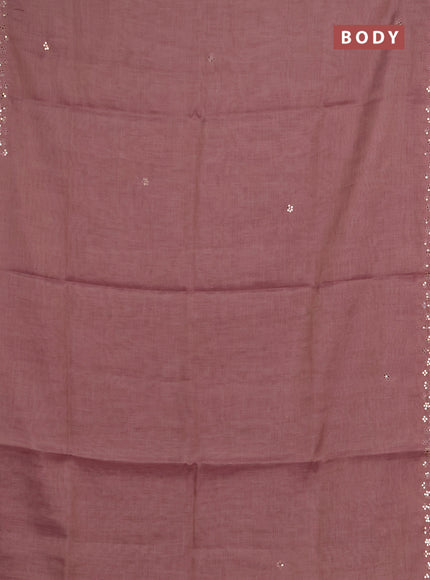Art linen saree mauve pink with embroidery mirror work buttas and convent embroidery pallu