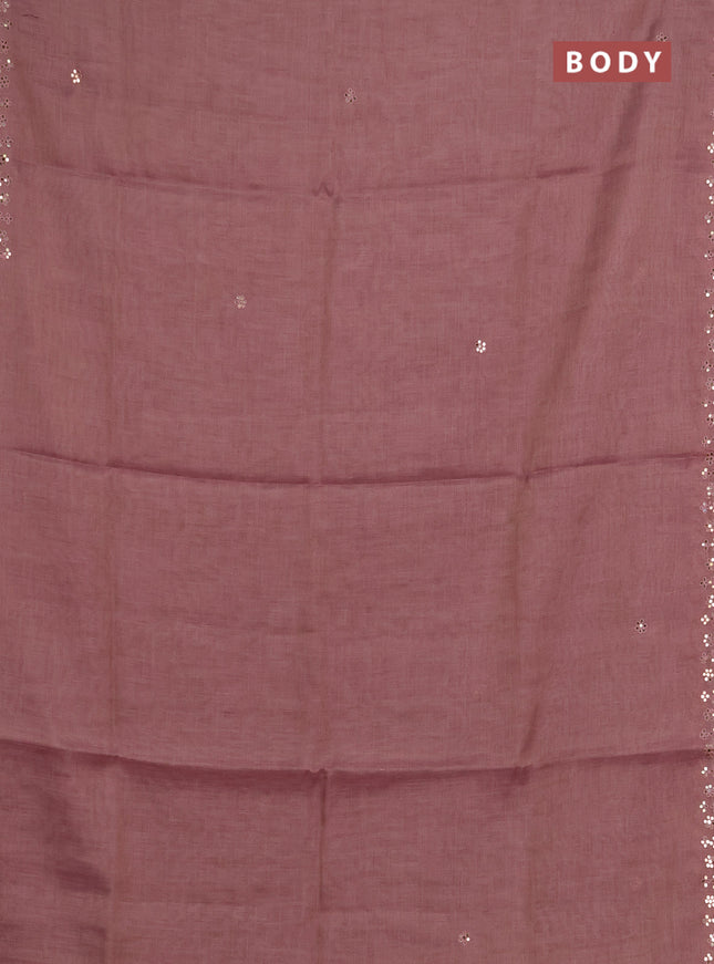 Art linen saree mauve pink with embroidery mirror work buttas and convent embroidery pallu