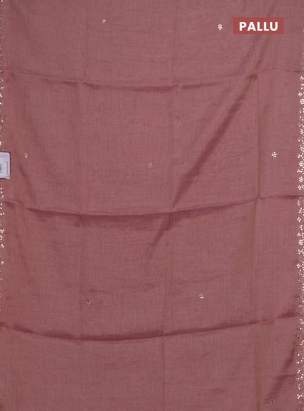 Art linen saree mauve pink with embroidery mirror work buttas and convent embroidery pallu