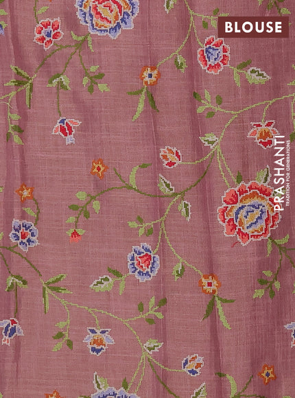 Art linen saree mauve pink with embroidery mirror work buttas and convent embroidery pallu
