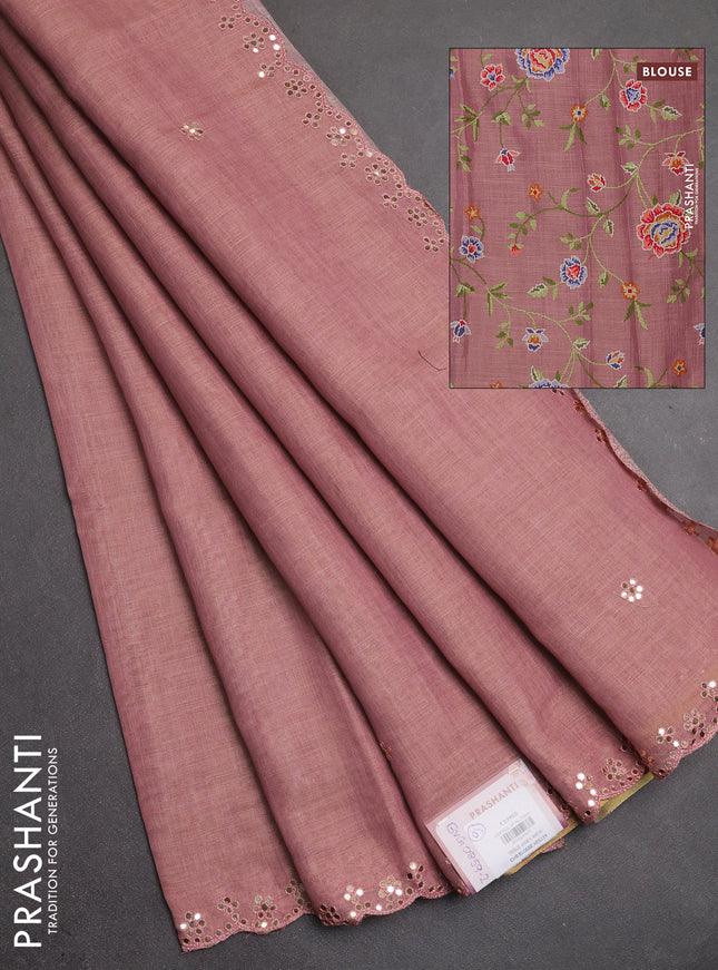 Art linen saree mauve pink with embroidery mirror work buttas and convent embroidery pallu