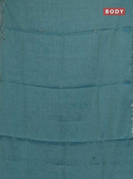 Art linen saree teal blue with embroidery mirror work buttas and convent embroidery pallu
