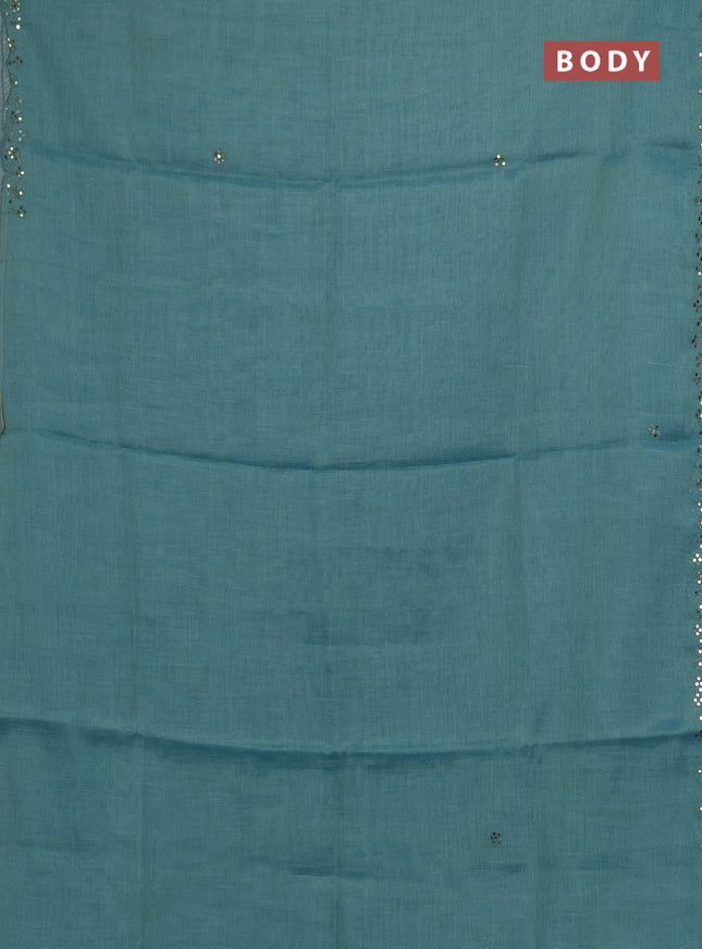 Art linen saree teal blue with embroidery mirror work buttas and convent embroidery pallu