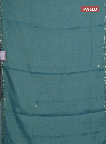 Art linen saree teal blue with embroidery mirror work buttas and convent embroidery pallu