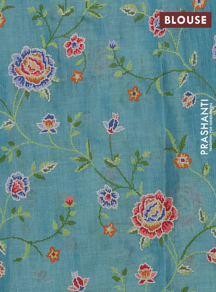 Art linen saree teal blue with embroidery mirror work buttas and convent embroidery pallu