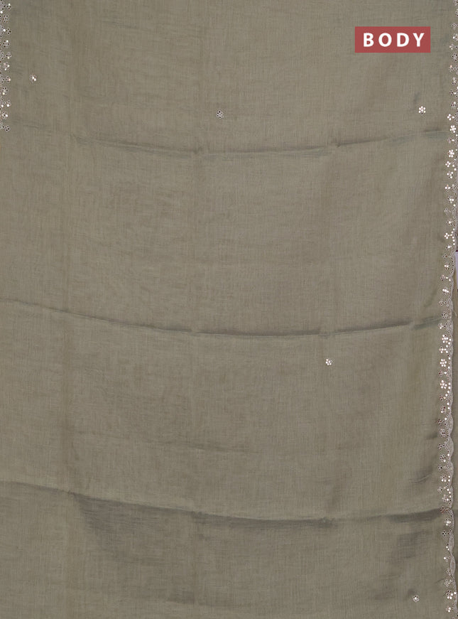 Art linen saree military green with embroidery mirror work buttas and convent embroidery pallu