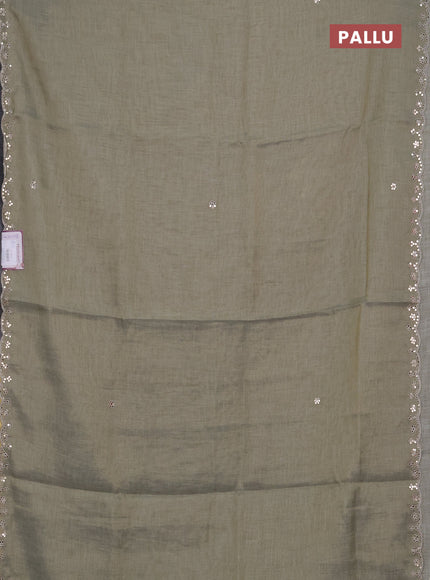 Art linen saree military green with embroidery mirror work buttas and convent embroidery pallu