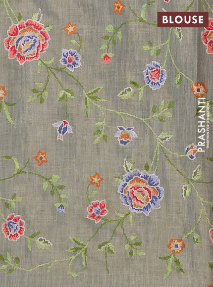 Art linen saree military green with embroidery mirror work buttas and convent embroidery pallu