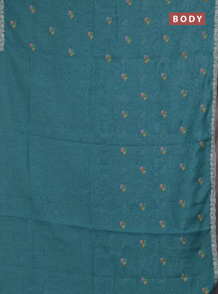 Art linen saree teal blue with allover convent embroidery buttas and embroidery border