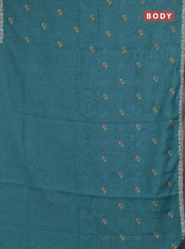 Art linen saree teal blue with allover convent embroidery buttas and embroidery border
