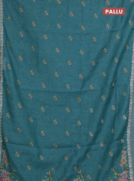 Art linen saree teal blue with allover convent embroidery buttas and embroidery border