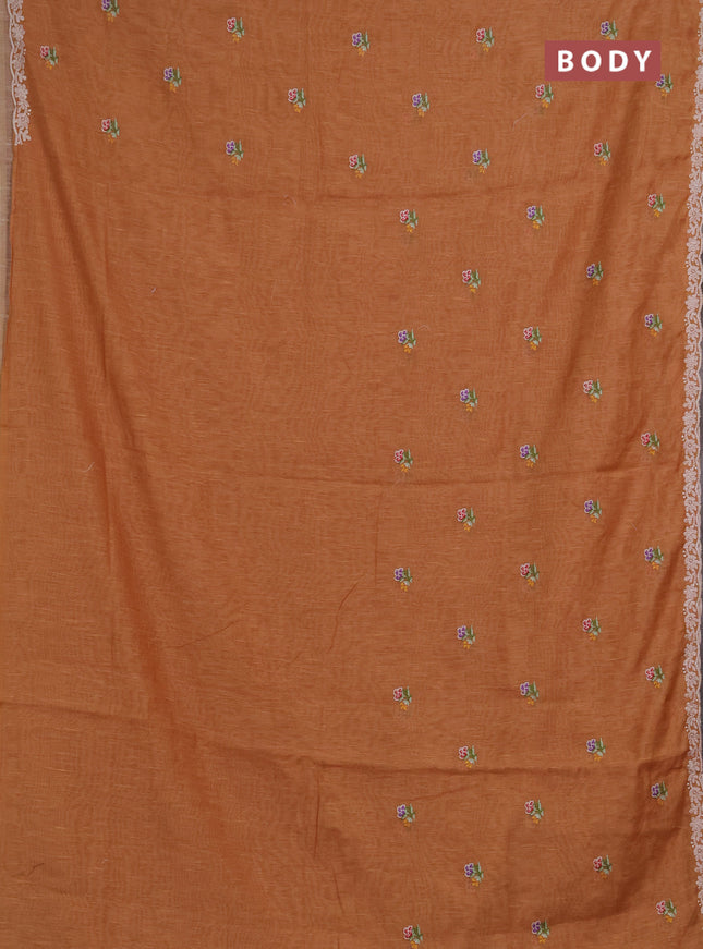 Art linen saree orange shade with allover convent embroidery buttas and embroidery border
