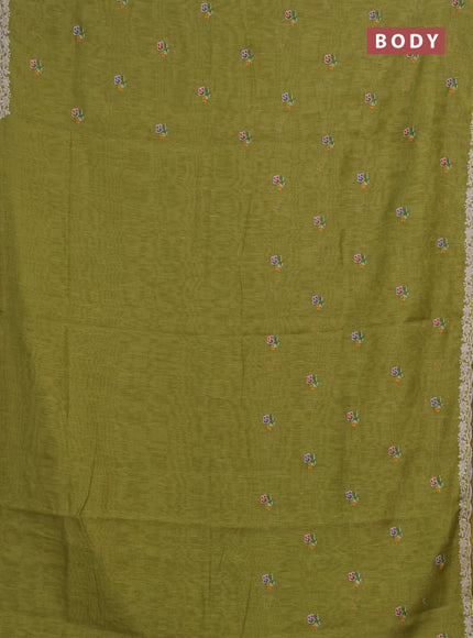 Art linen saree light green with allover convent embroidery buttas and embroidery border