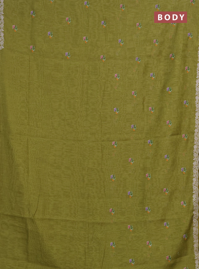 Art linen saree light green with allover convent embroidery buttas and embroidery border