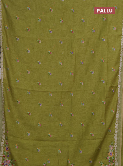 Art linen saree light green with allover convent embroidery buttas and embroidery border
