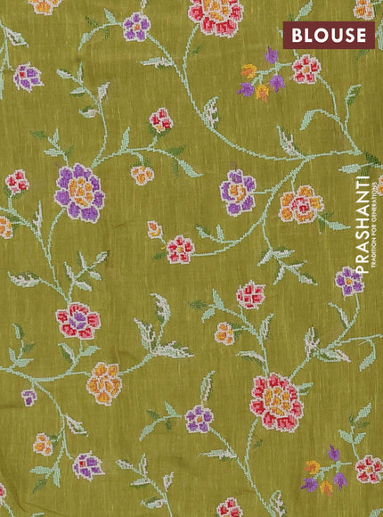 Art linen saree light green with allover convent embroidery buttas and embroidery border