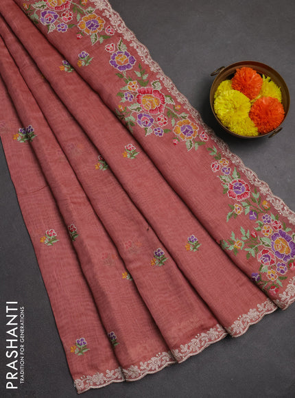 Art linen saree dark peach with allover convent embroidery buttas and embroidery border