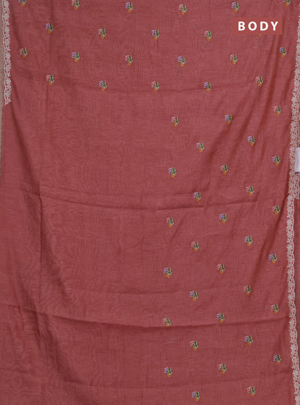 Art linen saree dark peach with allover convent embroidery buttas and embroidery border