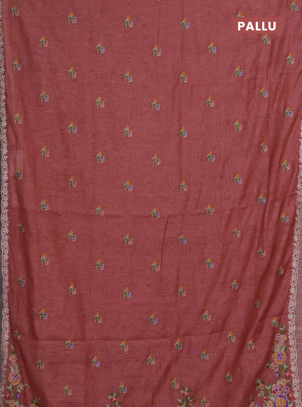 Art linen saree dark peach with allover convent embroidery buttas and embroidery border