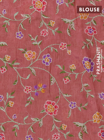 Art linen saree dark peach with allover convent embroidery buttas and embroidery border