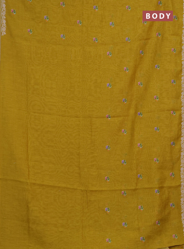Art linen saree mustard yellow with allover convent embroidery buttas and embroidery border