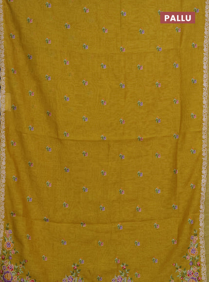 Art linen saree mustard yellow with allover convent embroidery buttas and embroidery border