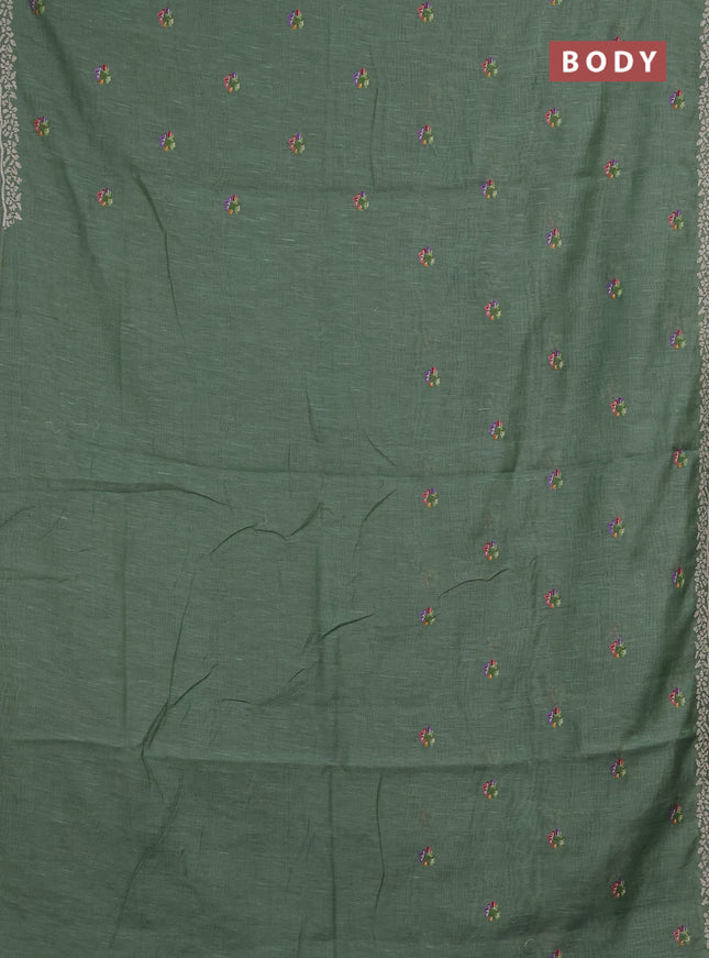 Art linen saree pastel green with allover convent embroidery buttas and embroidery border