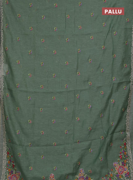 Art linen saree pastel green with allover convent embroidery buttas and embroidery border