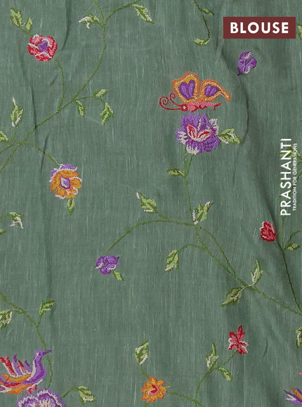 Art linen saree pastel green with allover convent embroidery buttas and embroidery border