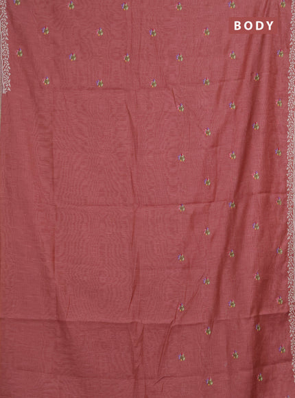 Art linen saree peach shade with allover convent embroidery buttas and embroidery border