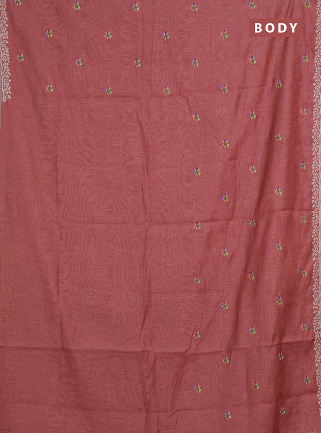Art linen saree peach shade with allover convent embroidery buttas and embroidery border