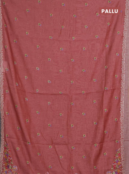 Art linen saree peach shade with allover convent embroidery buttas and embroidery border