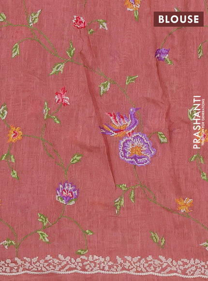 Art linen saree peach shade with allover convent embroidery buttas and embroidery border