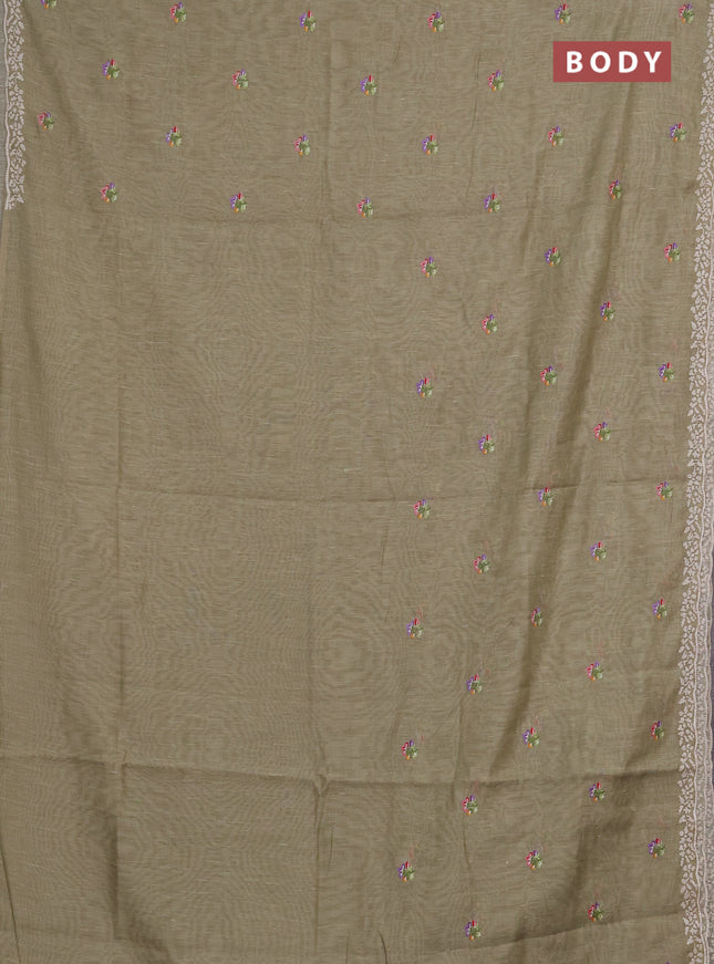 Art linen saree elaichi green with allover convent embroidery buttas and embroidery border