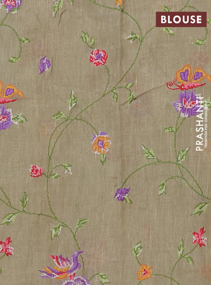 Art linen saree elaichi green with allover convent embroidery buttas and embroidery border