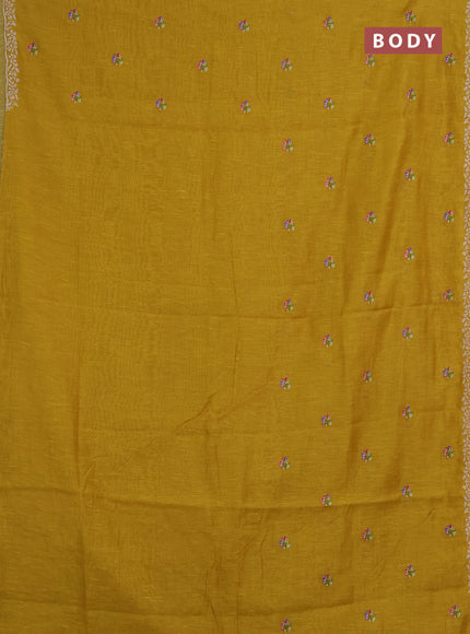 Art linen saree mustard yellow with allover convent embroidery buttas and embroidery border