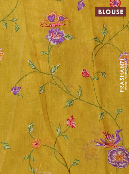 Art linen saree mustard yellow with allover convent embroidery buttas and embroidery border